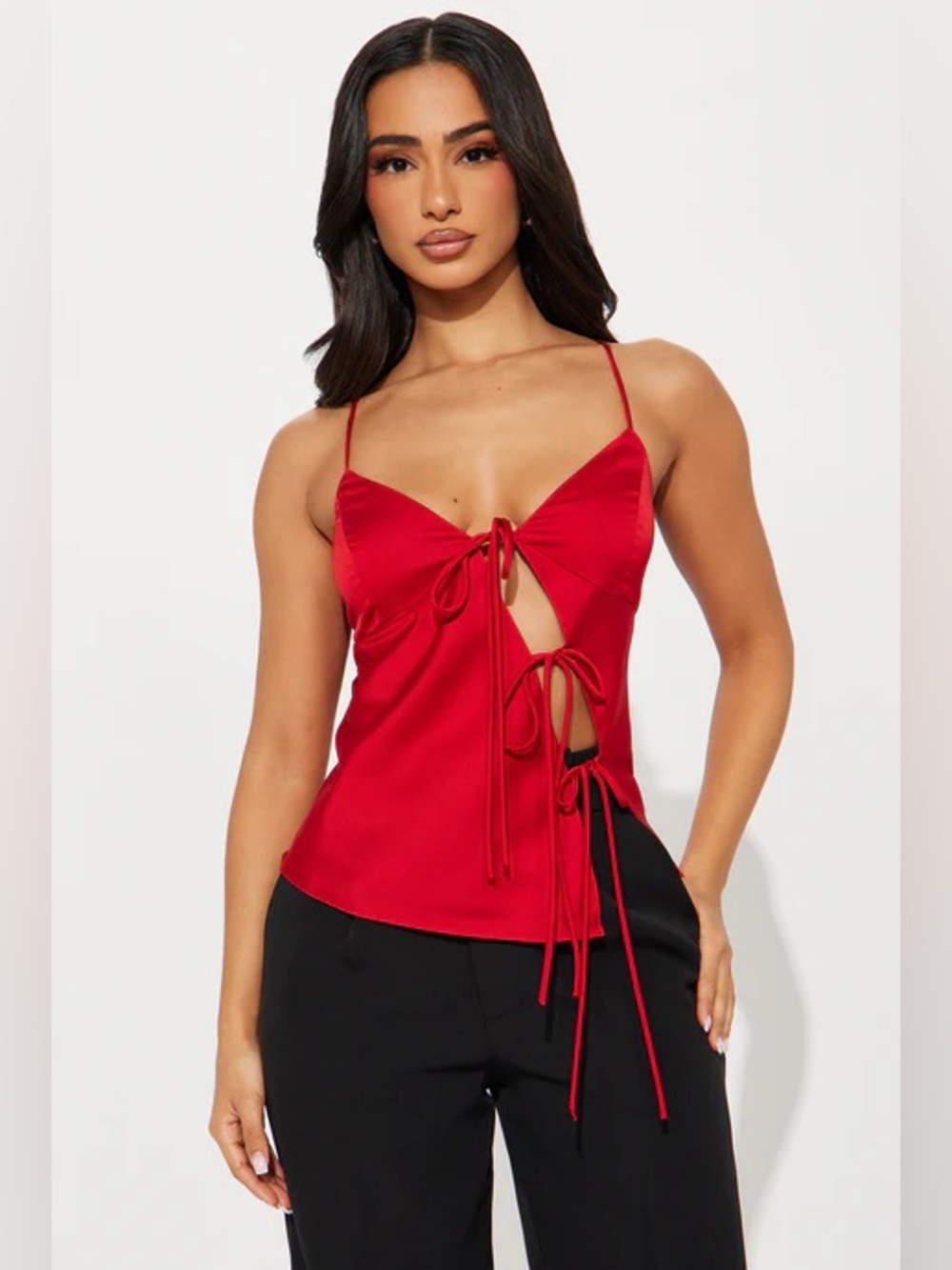 Red Satin Tie Front Cami Top Sexy Night Out Strappy Blouse